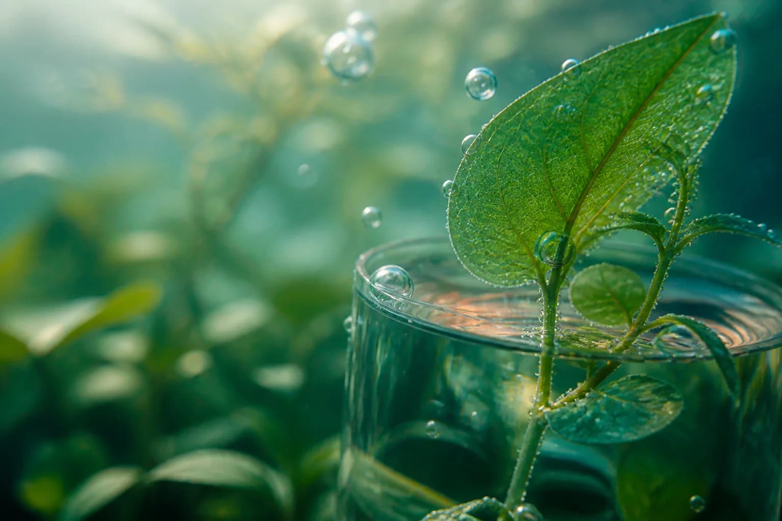 Illustrative macro study of aquatic leaves, water and bubbles