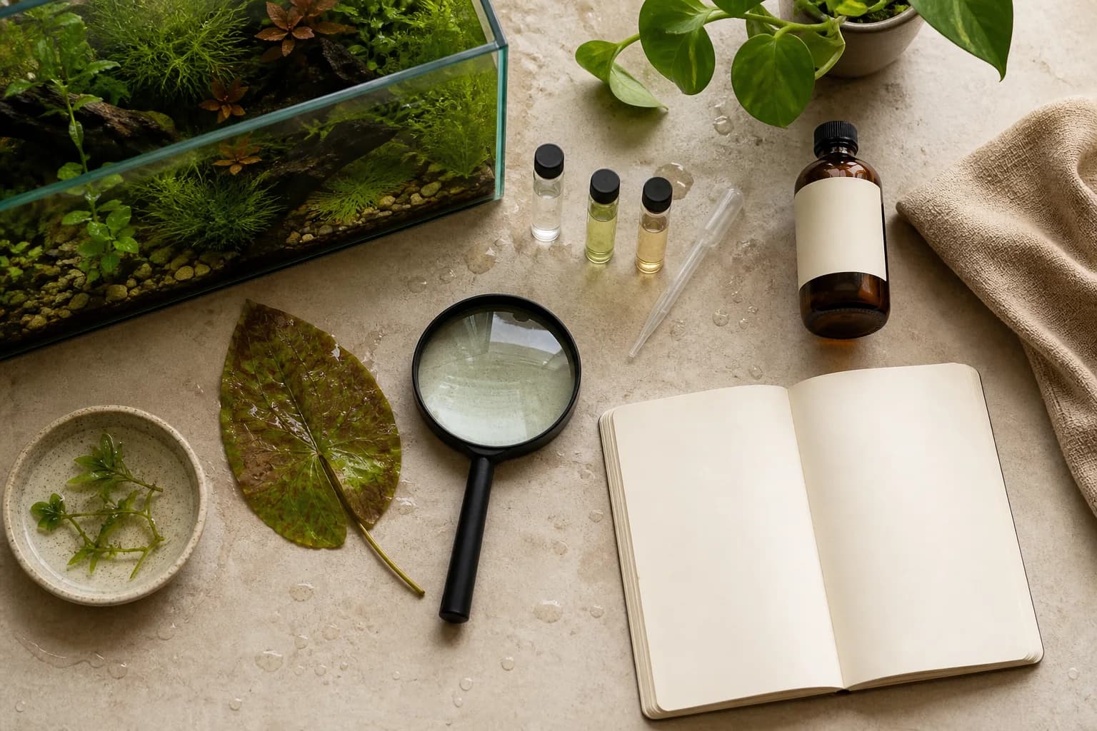Illustrative aquarium evidence workbench with blank notebook, samples and an unbranded bottle