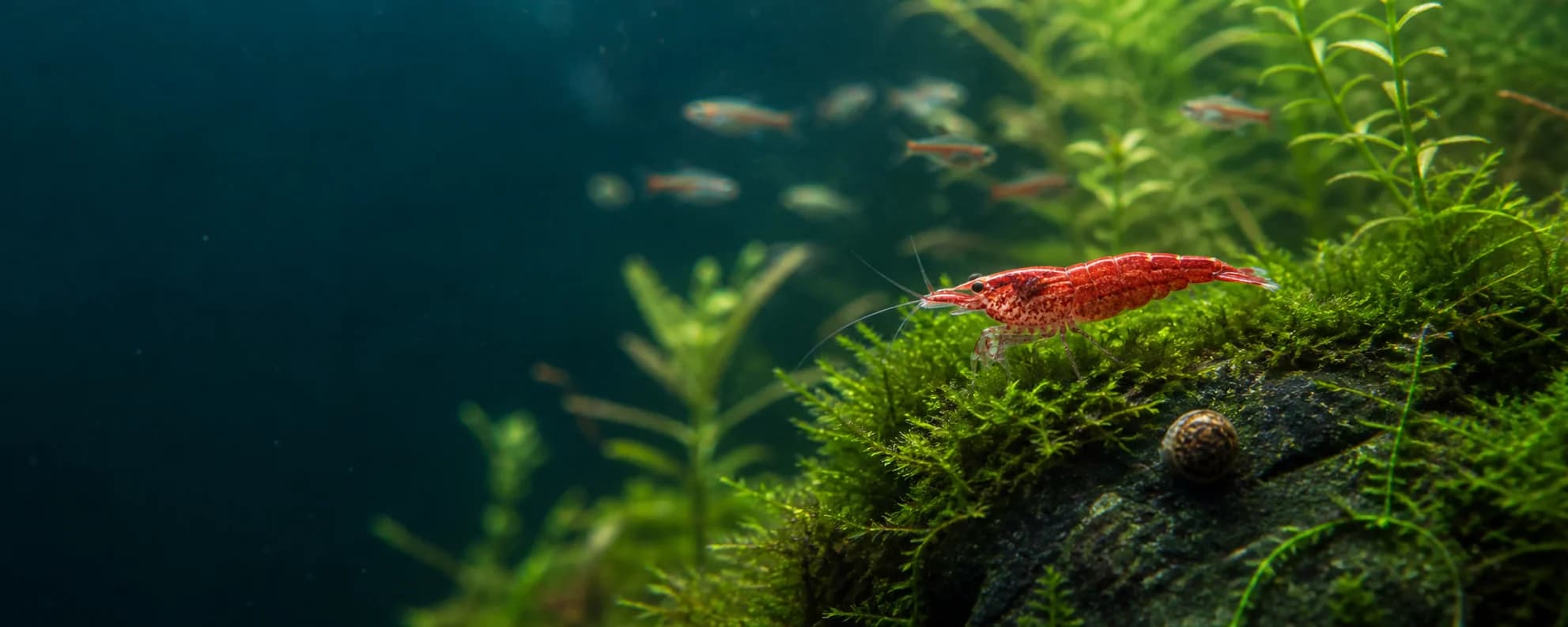 Illustrative planted aquarium with a cherry shrimp and snail