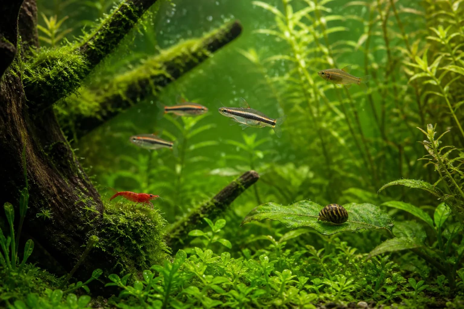 Illustrative planted aquarium ecosystem with fish, shrimp and a snail